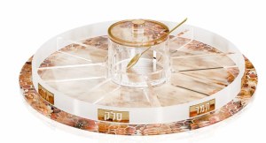 Picture of Lucite Round Swivel Simanim Tray with Honey Dish and Spoon Blush Nectar Design Gold 12"